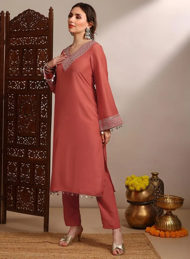 globus Women Orange Sequin Zari Embroidered Kurta with Pants Set